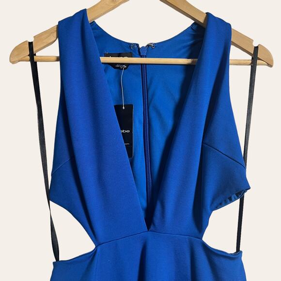 Bebe Fierce Deep V Plunge Side Cut Out Blue Ponte Dress Size S - Picture 5 of 12